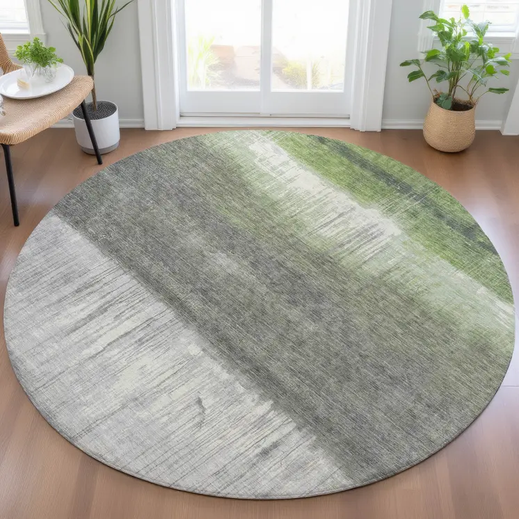 8' Fern Green And Gray Round Abstract Washable Indoor Outdoor Area Rug
