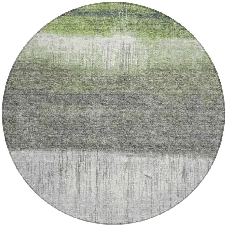 8' Fern Green And Gray Round Abstract Washable Indoor Outdoor Area Rug