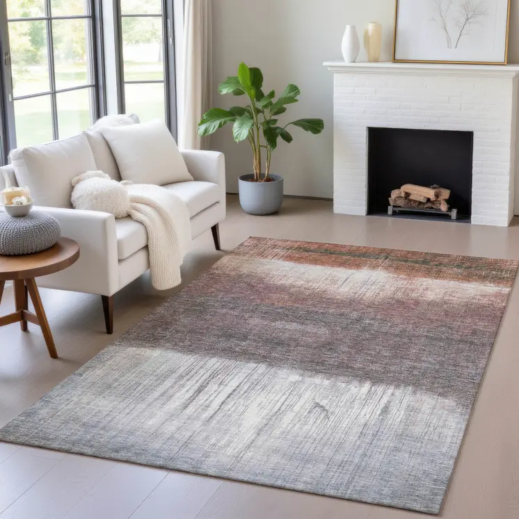 9' X 12' Rust And Ivory Abstract Washable Indoor Outdoor Area Rug