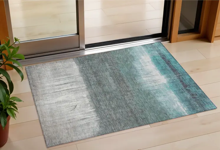 3' X 5' Teal Blue And Gray Abstract Washable Indoor Outdoor Area Rug