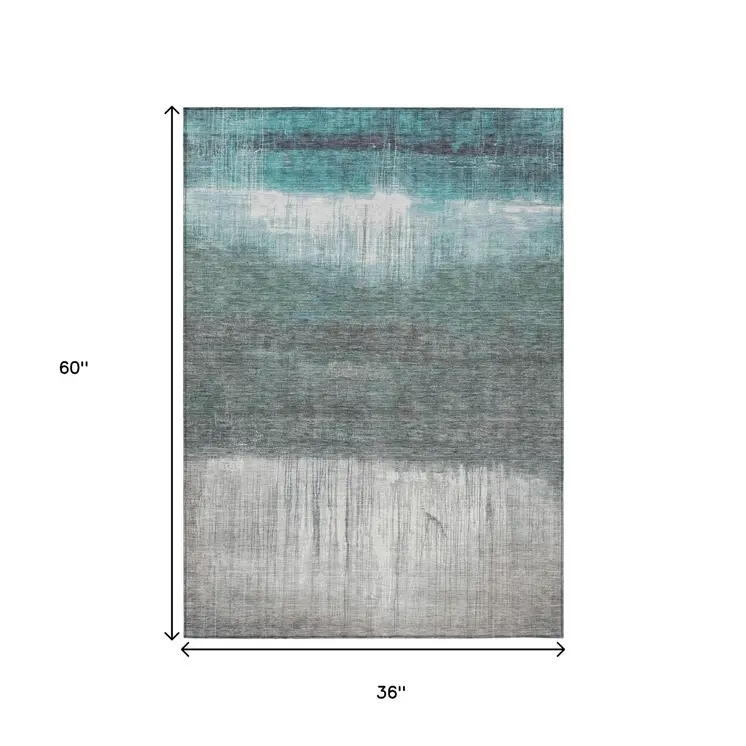 3' X 5' Teal Blue And Gray Abstract Washable Indoor Outdoor Area Rug