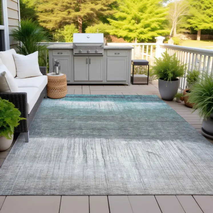 3' X 5' Teal Blue And Gray Abstract Washable Indoor Outdoor Area Rug