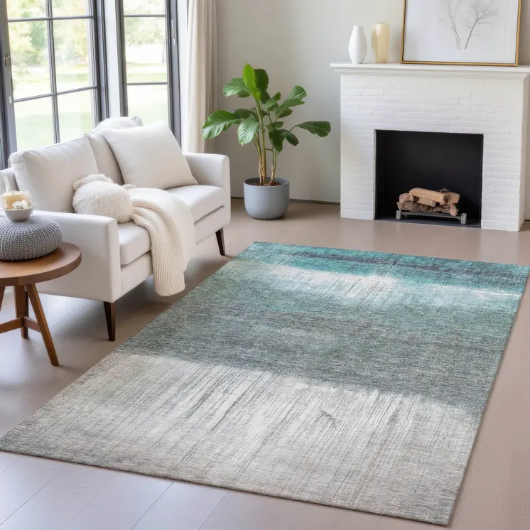 3' X 5' Teal Blue And Gray Abstract Washable Indoor Outdoor Area Rug