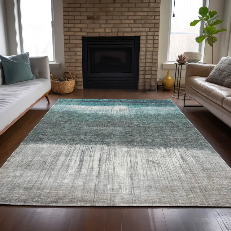 3' X 5' Teal Blue And Gray Abstract Washable Indoor Outdoor Area Rug