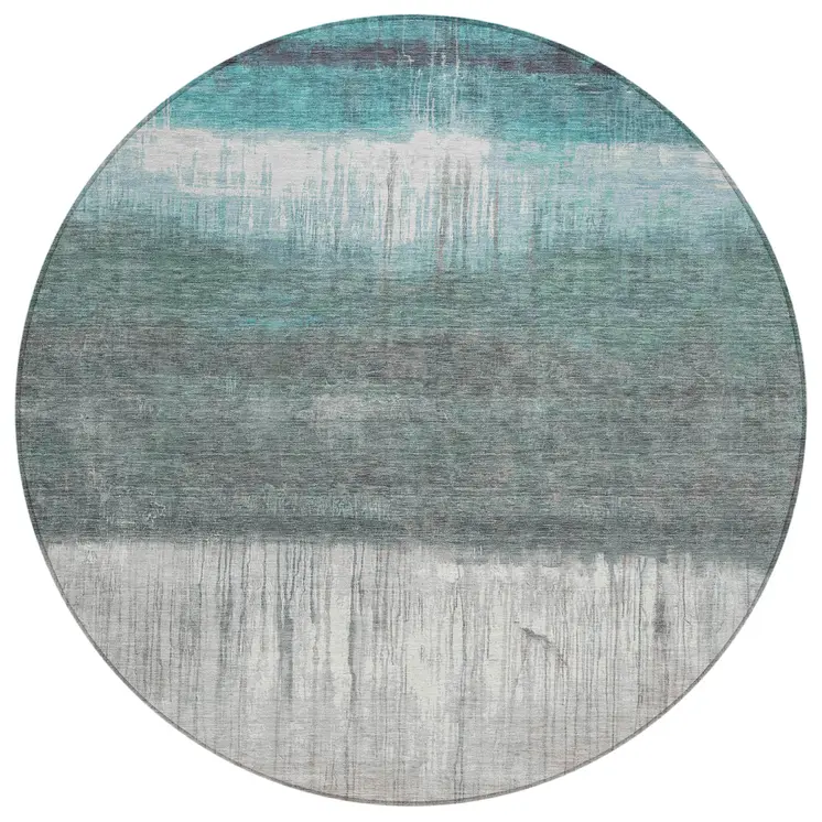8' Teal Blue And Gray Round Abstract Washable Indoor Outdoor Area Rug