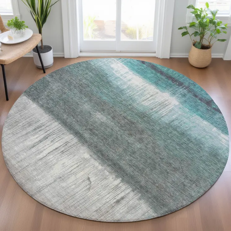 8' Teal Blue And Gray Round Abstract Washable Indoor Outdoor Area Rug