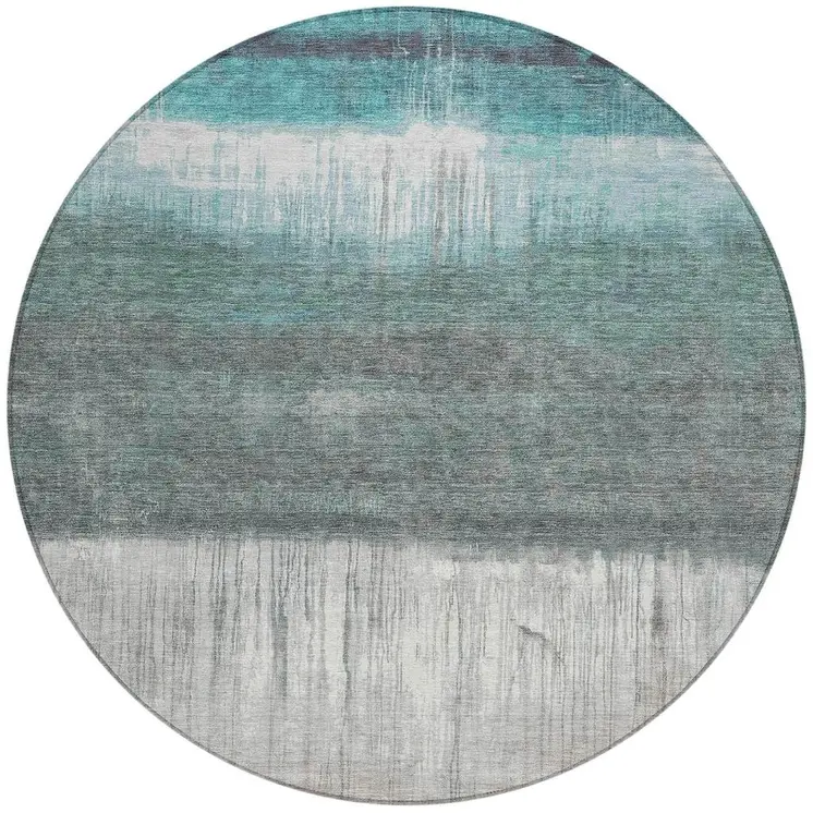 8' Teal Blue And Gray Round Abstract Washable Indoor Outdoor Area Rug