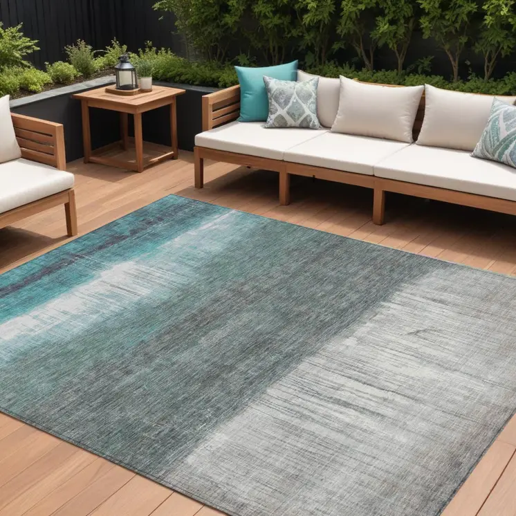 8' X 10' Teal Blue And Gray Abstract Washable Indoor Outdoor Area Rug