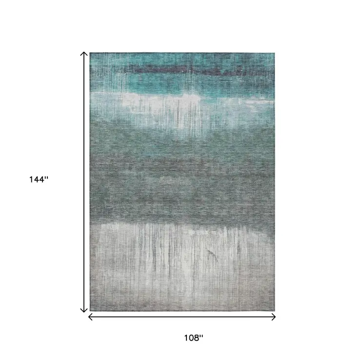 9' X 12' Teal Blue And Gray Abstract Washable Indoor Outdoor Area Rug