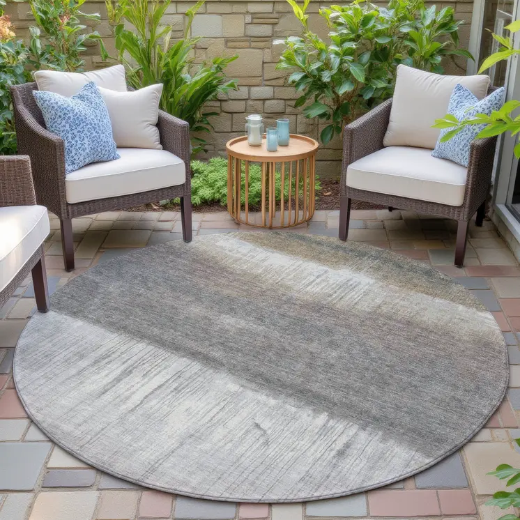 8' Taupe And Gray Round Abstract Washable Indoor Outdoor Area Rug