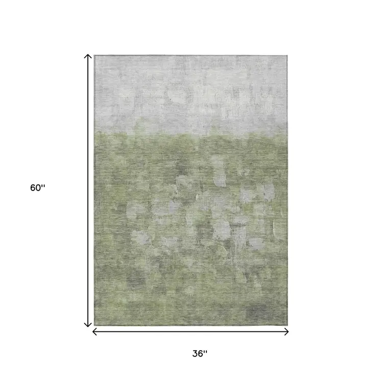 3' X 5' Fern Green And Silver Abstract Washable Indoor Outdoor Area Rug