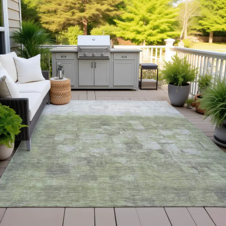 3' X 5' Fern Green And Silver Abstract Washable Indoor Outdoor Area Rug