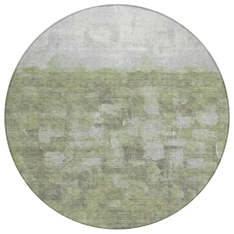 8' Fern Green And Silver Round Abstract Washable Indoor Outdoor Area Rug