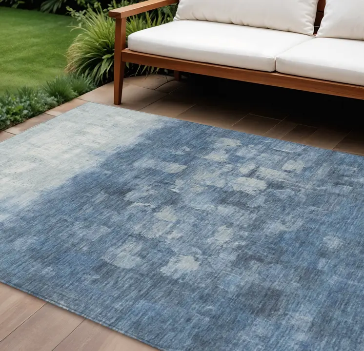 10' X 14' Navy Blue And Silver Abstract Washable Indoor Outdoor Area Rug