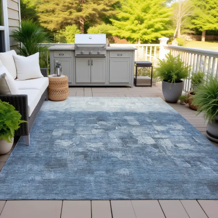 10' X 14' Navy Blue And Silver Abstract Washable Indoor Outdoor Area Rug