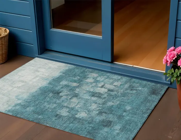 3' X 5' Teal Blue And Silver Abstract Washable Indoor Outdoor Area Rug