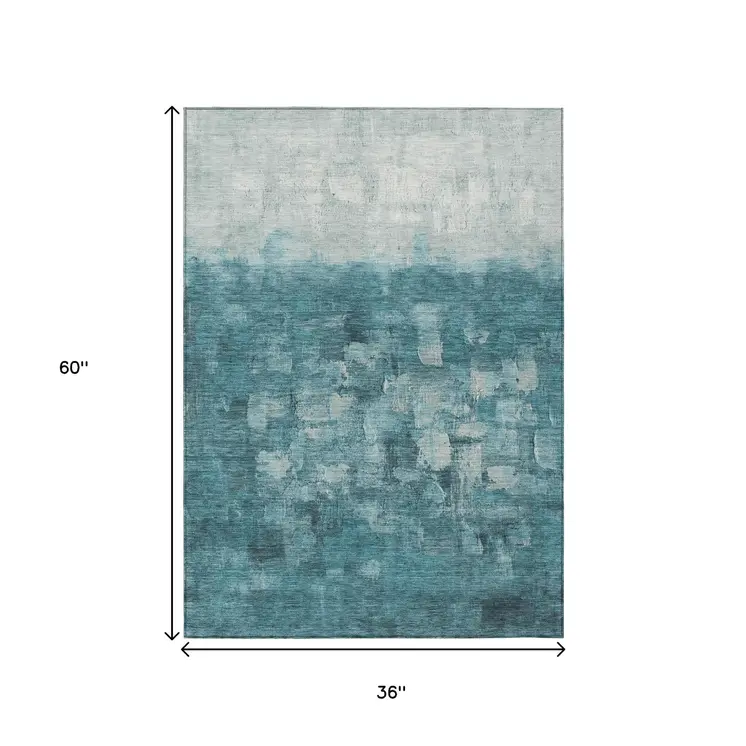 3' X 5' Teal Blue And Silver Abstract Washable Indoor Outdoor Area Rug
