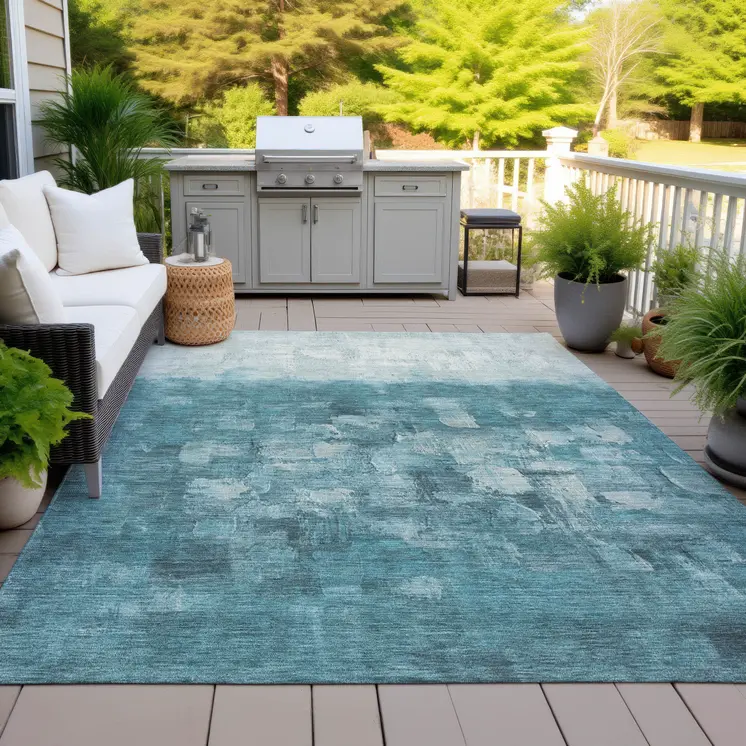 3' X 5' Teal Blue And Silver Abstract Washable Indoor Outdoor Area Rug