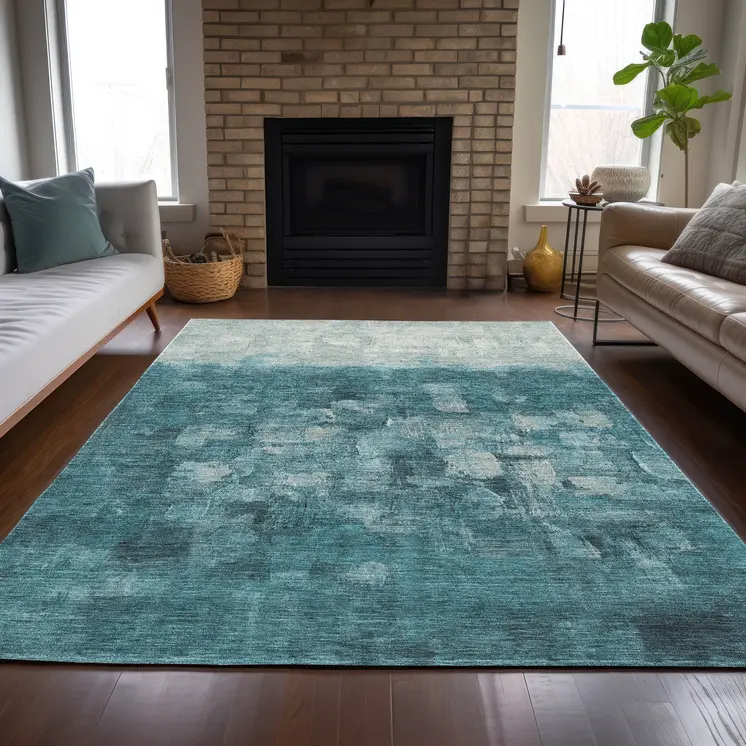 3' X 5' Teal Blue And Silver Abstract Washable Indoor Outdoor Area Rug