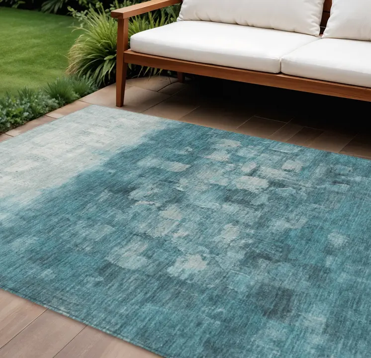 10' X 14' Teal Blue And Silver Abstract Washable Indoor Outdoor Area Rug