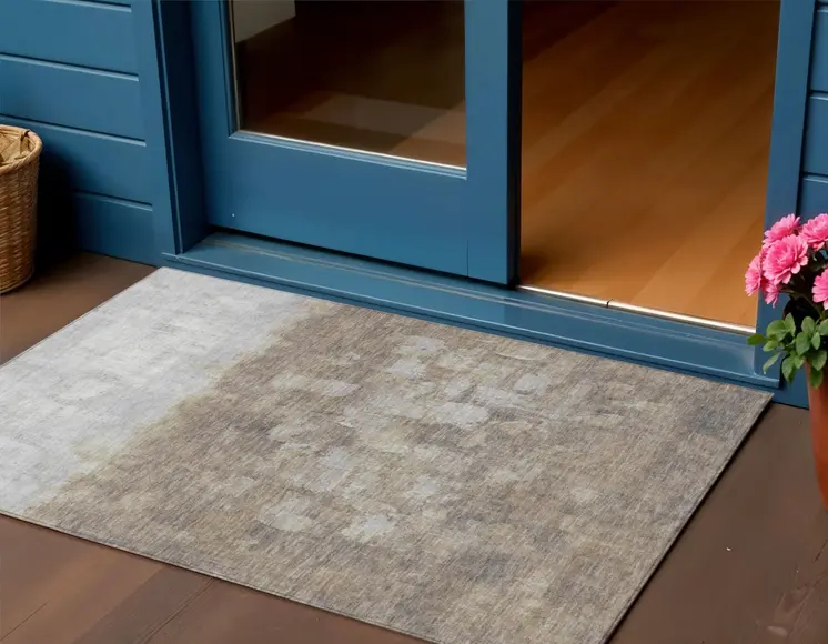 3' X 5' Taupe And Silver Abstract Washable Indoor Outdoor Area Rug