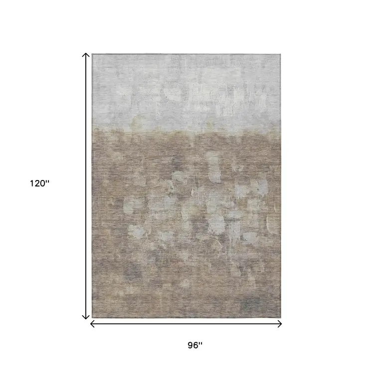 8' X 10' Taupe And Silver Abstract Washable Indoor Outdoor Area Rug