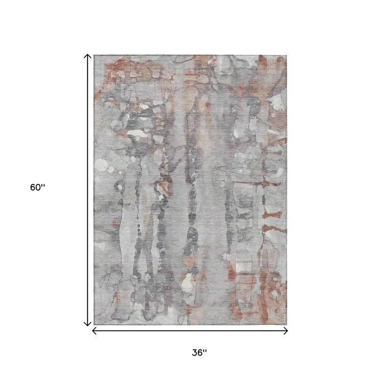 3' X 5' Copper And Gray Abstract Washable Indoor Outdoor Area Rug