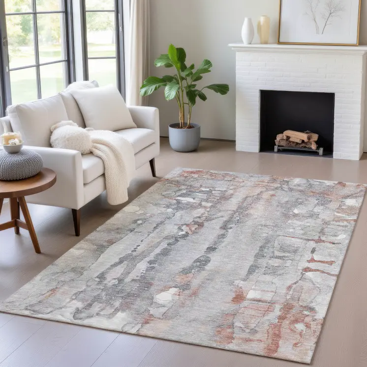 3' X 5' Copper And Gray Abstract Washable Indoor Outdoor Area Rug