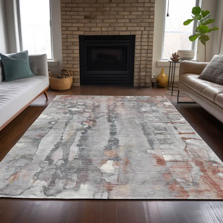3' X 5' Copper And Gray Abstract Washable Indoor Outdoor Area Rug