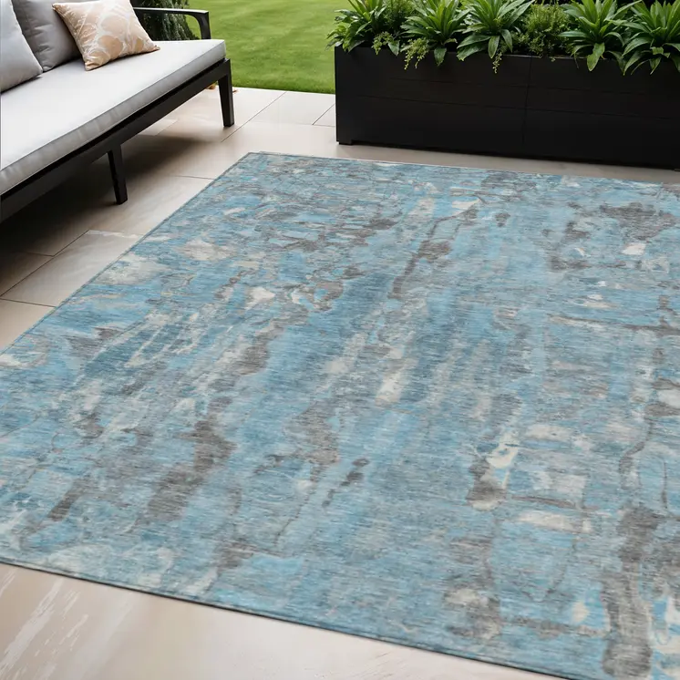 5' X 8' Denim Blue And Gray Abstract Washable Indoor Outdoor Area Rug