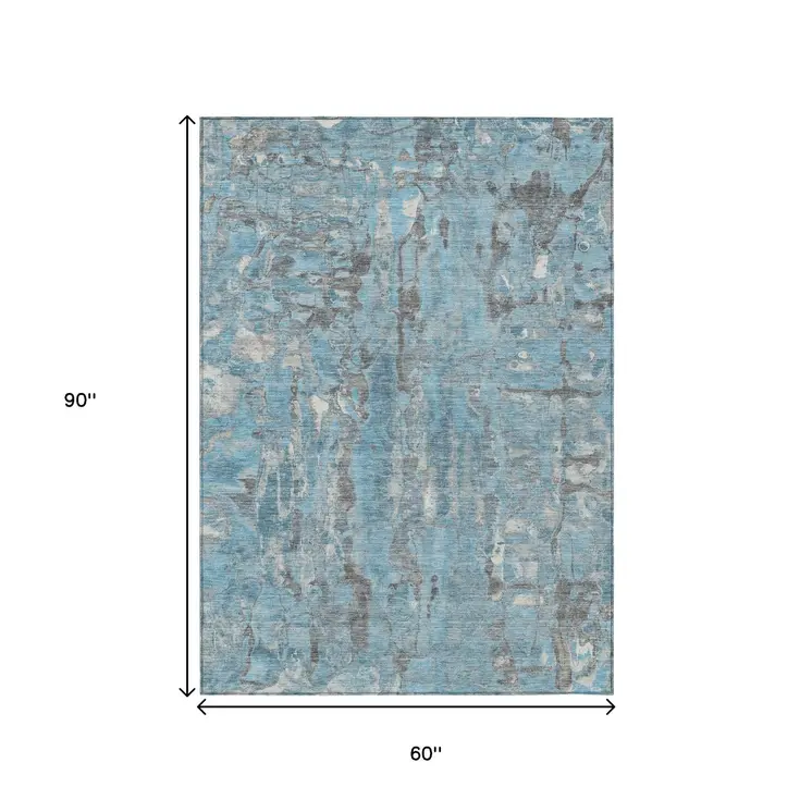5' X 8' Denim Blue And Gray Abstract Washable Indoor Outdoor Area Rug