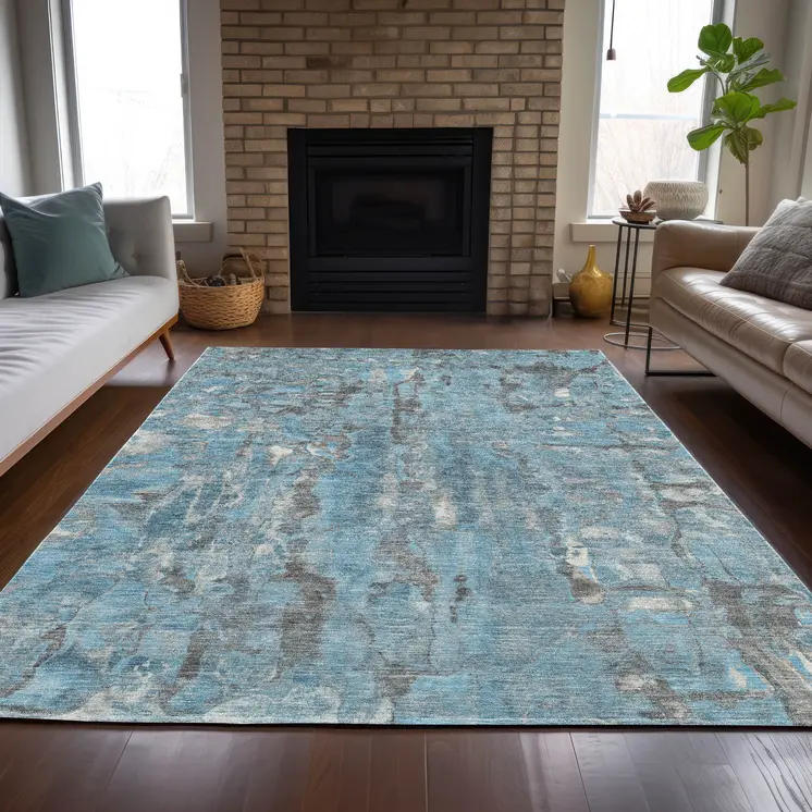 5' X 8' Denim Blue And Gray Abstract Washable Indoor Outdoor Area Rug