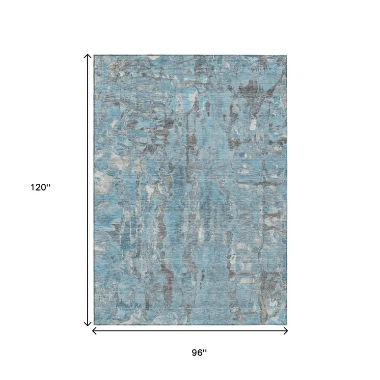 8' X 10' Denim Blue And Gray Abstract Washable Indoor Outdoor Area Rug