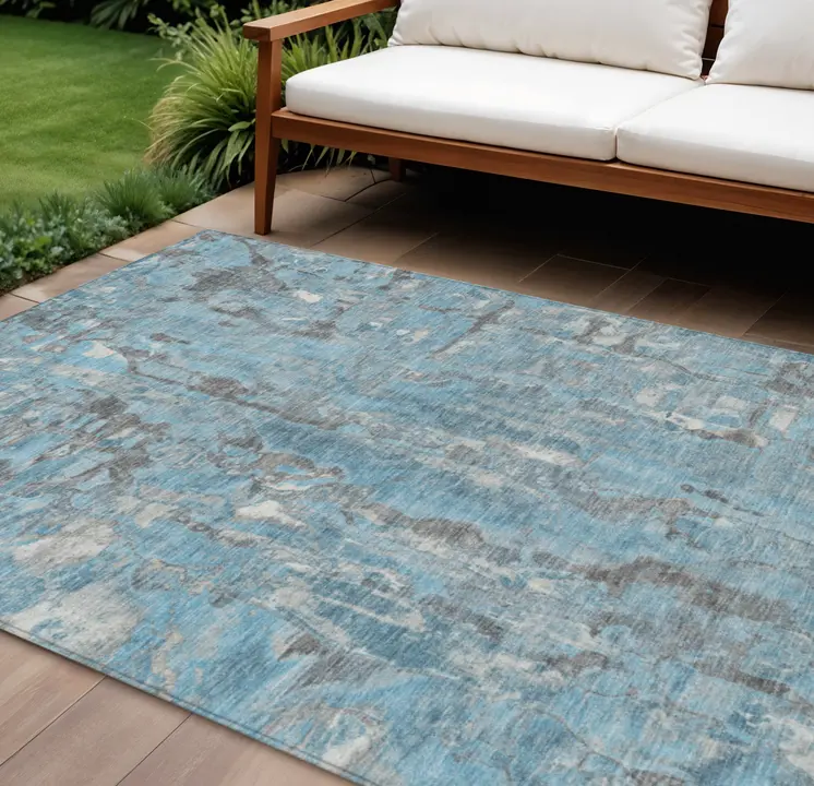 10' X 14' Denim Blue And Gray Abstract Washable Indoor Outdoor Area Rug