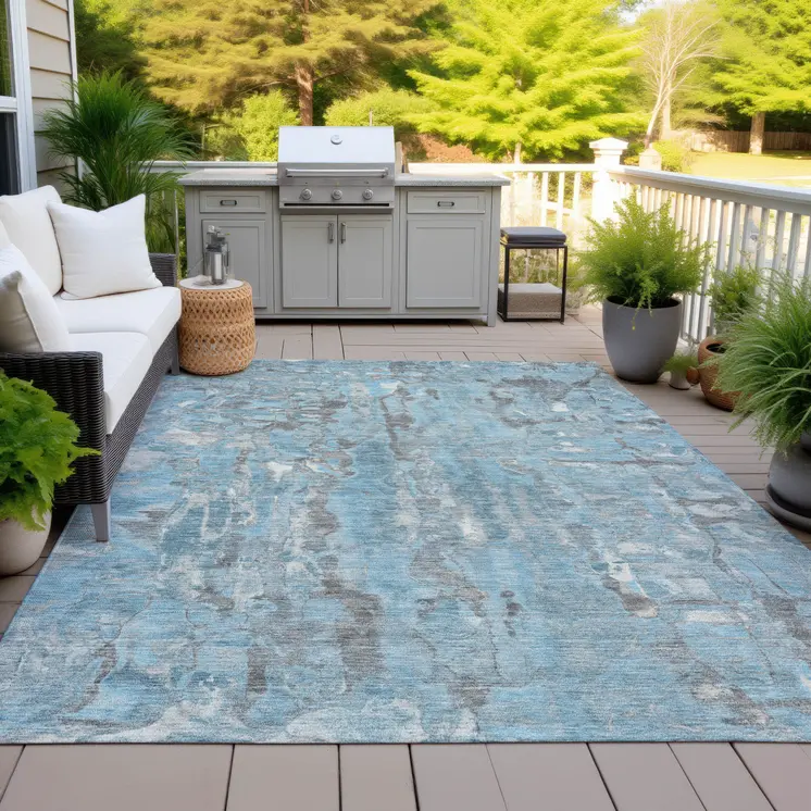 10' X 14' Denim Blue And Gray Abstract Washable Indoor Outdoor Area Rug