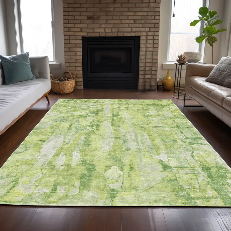 5' X 8' Lime Green And Ivory Abstract Washable Indoor Outdoor Area Rug