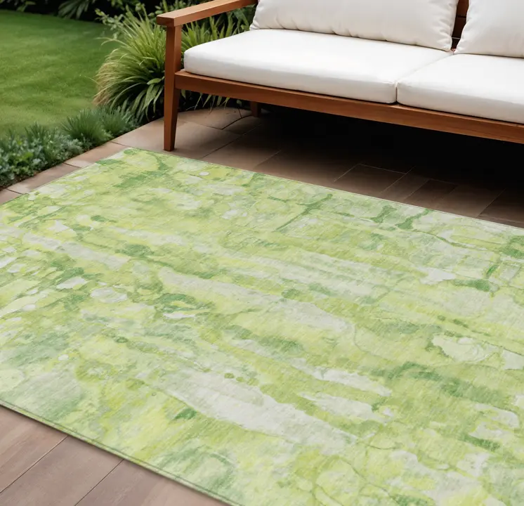 8' X 10' Lime Green And Ivory Abstract Washable Indoor Outdoor Area Rug