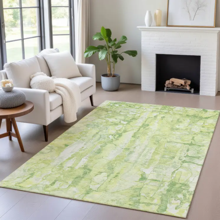 8' X 10' Lime Green And Ivory Abstract Washable Indoor Outdoor Area Rug