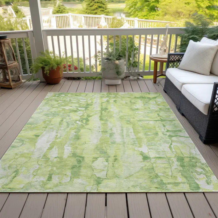 8' X 10' Lime Green And Ivory Abstract Washable Indoor Outdoor Area Rug