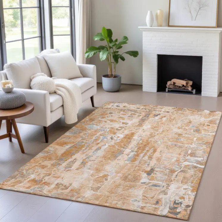 3' X 5' Orange And Gray Abstract Washable Indoor Outdoor Area Rug