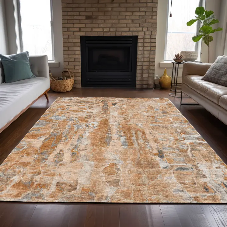 3' X 5' Orange And Gray Abstract Washable Indoor Outdoor Area Rug