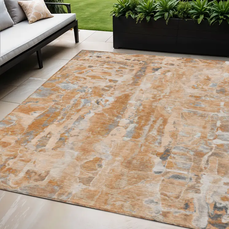 5' X 8' Orange And Gray Abstract Washable Indoor Outdoor Area Rug