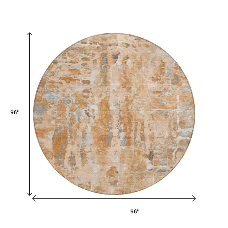 8' Orange And Gray Round Abstract Washable Indoor Outdoor Area Rug
