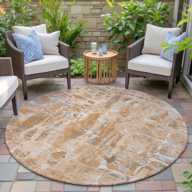 8' Orange And Gray Round Abstract Washable Indoor Outdoor Area Rug