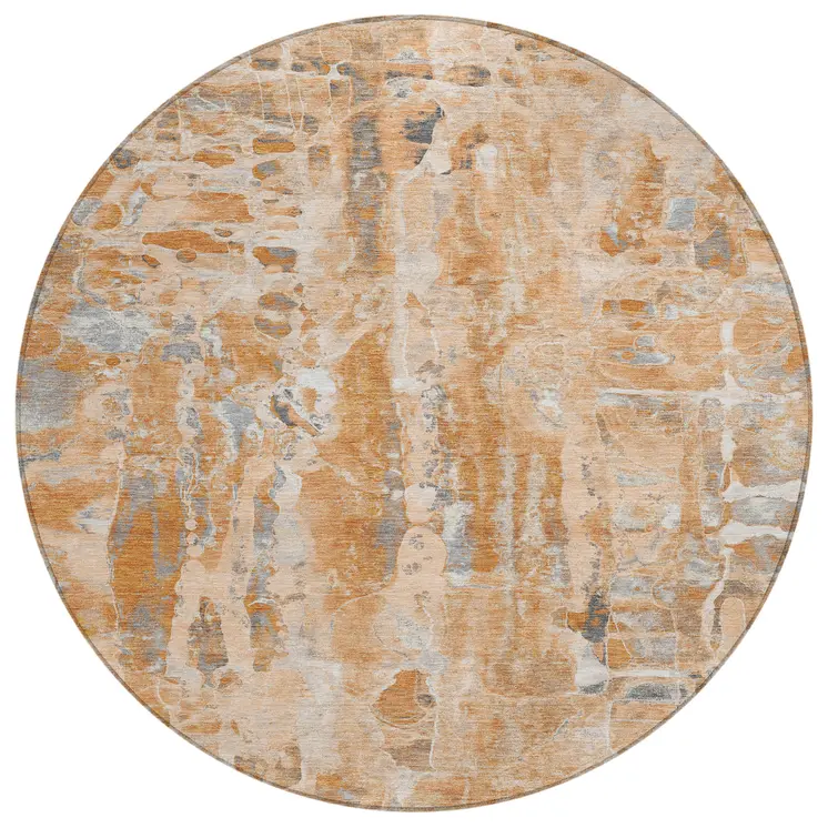 8' Orange And Gray Round Abstract Washable Indoor Outdoor Area Rug