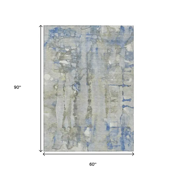 5' X 8' Sky Blue And Gray Abstract Washable Indoor Outdoor Area Rug