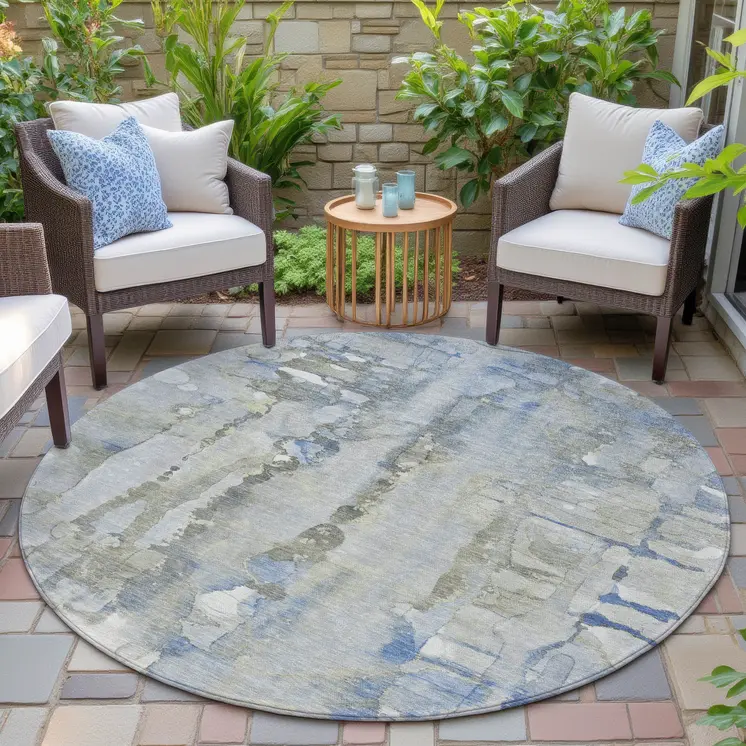 8' Sky Blue And Gray Round Abstract Washable Indoor Outdoor Area Rug