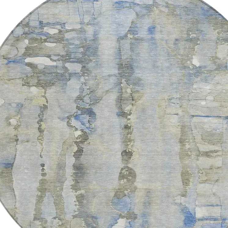 8' Sky Blue And Gray Round Abstract Washable Indoor Outdoor Area Rug