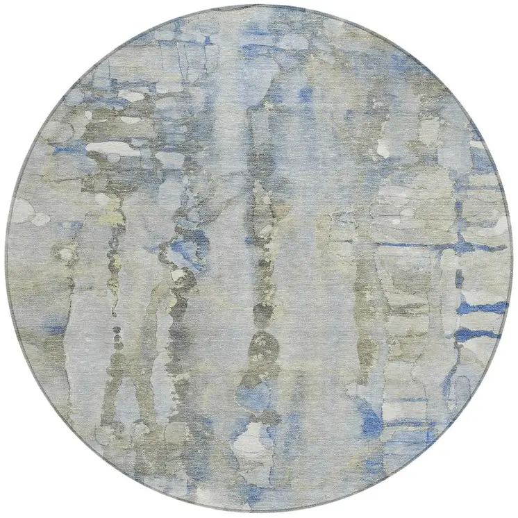 8' Sky Blue And Gray Round Abstract Washable Indoor Outdoor Area Rug