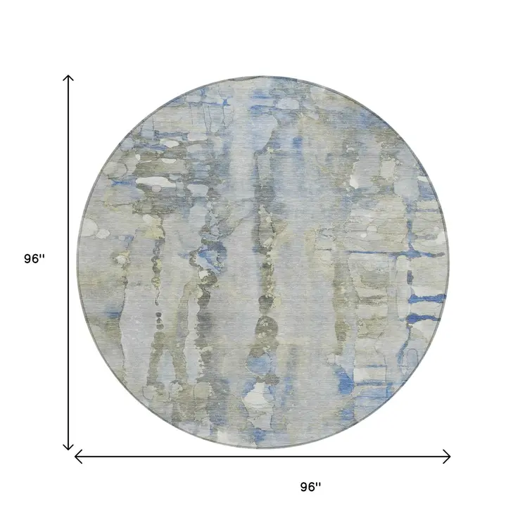 8' Sky Blue And Gray Round Abstract Washable Indoor Outdoor Area Rug